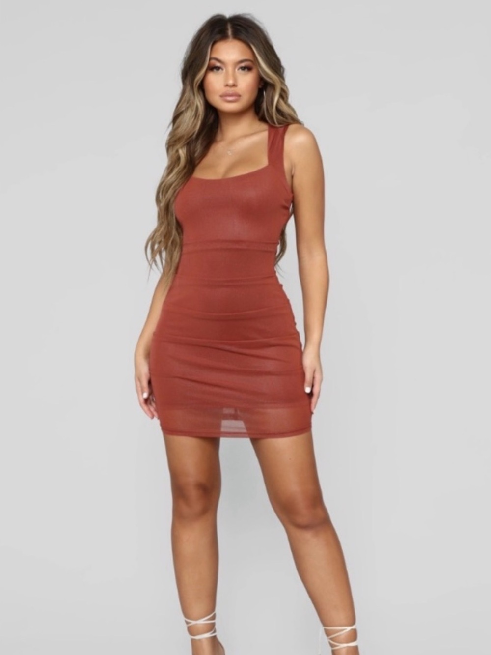 Fashion Nova Fall Mesh Bodycon Brown Mesh Minimalist Mini Dress Size M Cut out